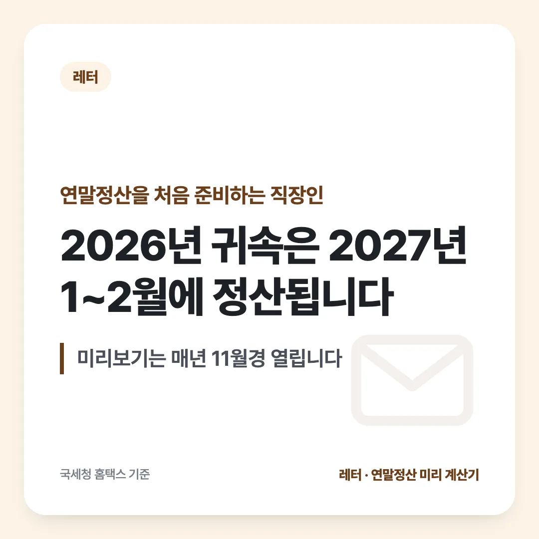 연말정산을 처음 준비하는 직장인 — 2026년 귀속은 2027년 1~2월에 정산됩니다. 미리보기는 매년 11월경 열립니다